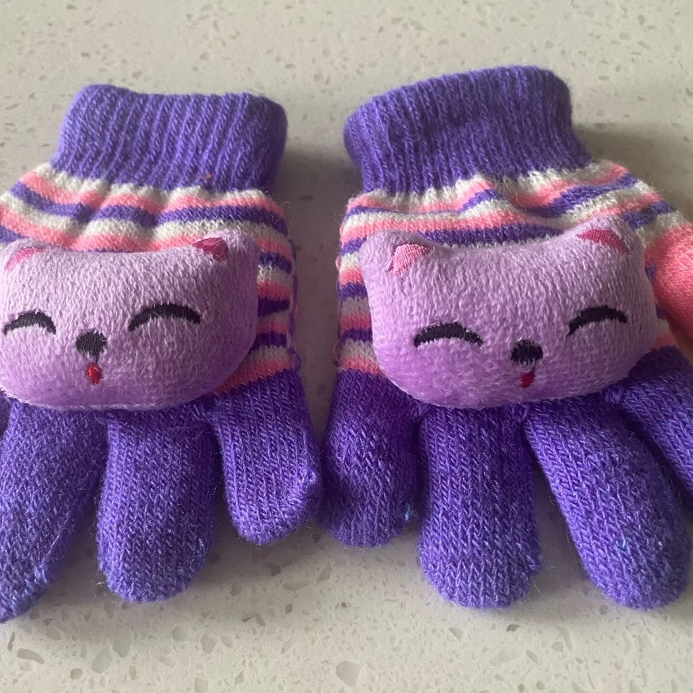 Adorable Girl’s Gloves 18 mo - 3 year old, Purple, Pink striped w sewn plush C…
